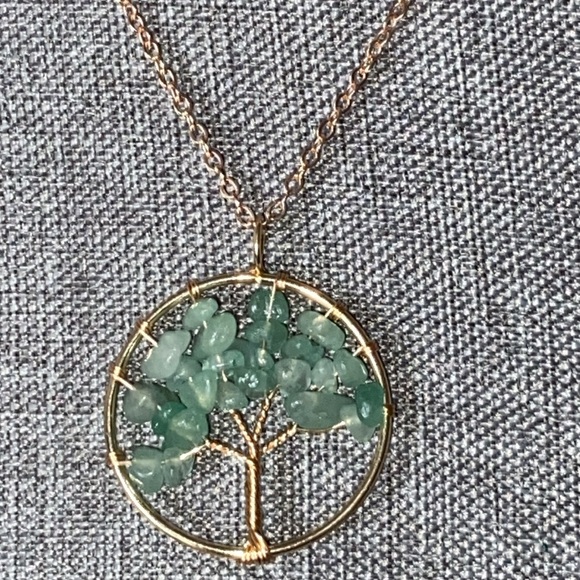 NEW TREE OF LIFE AVENTURINE STONES PENDANT NECKLACE ROSE GOLD TONED CHAIN - Picture 1 of 3